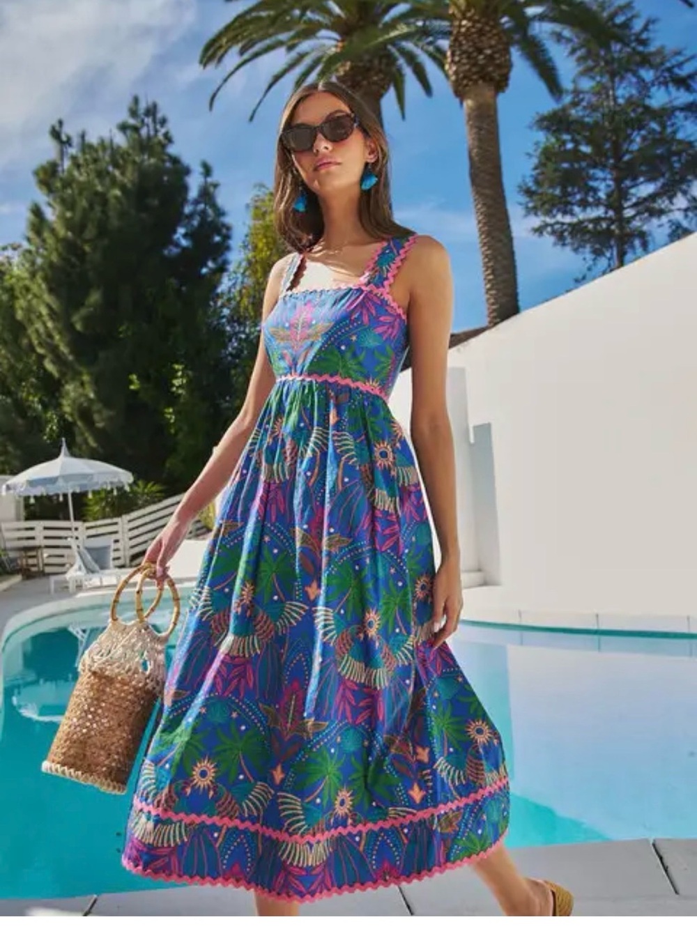 Sugarlips Blue Green Floral Midi Dress with Pink Trim - Picture 1 of 9